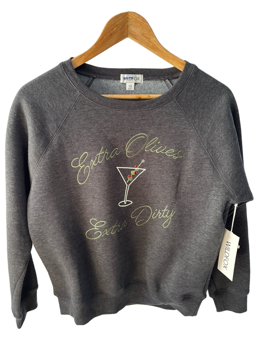 Wildfox ‘Extra Olives Extra Dirty’ Bailey Crewneck Sweatshirt XS Charcoal NEW